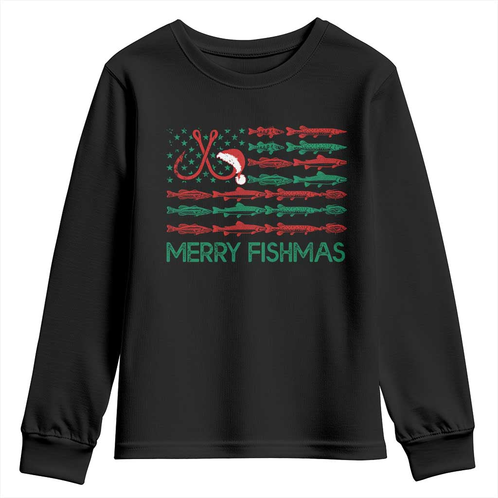 Christmas Fishing Youth Sweatshirt Merry Fishmas Fisherman American Flag TS09 Black Print Your Wear