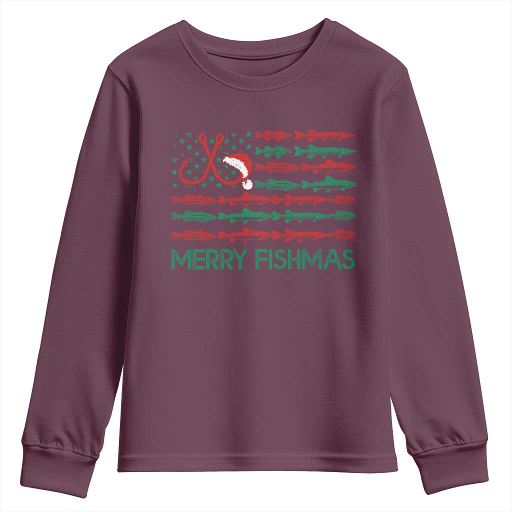 Christmas Fishing Youth Sweatshirt Merry Fishmas Fisherman American Flag TS09 Maroon Print Your Wear