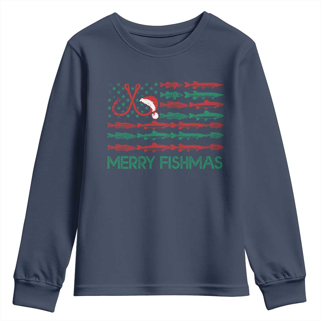 Christmas Fishing Youth Sweatshirt Merry Fishmas Fisherman American Flag TS09 Navy Print Your Wear