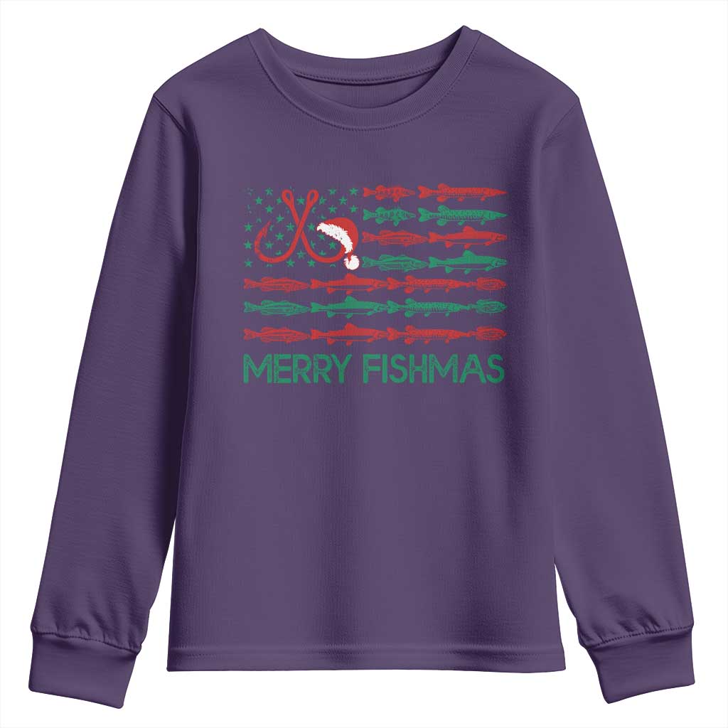 Christmas Fishing Youth Sweatshirt Merry Fishmas Fisherman American Flag TS09 Purple Print Your Wear