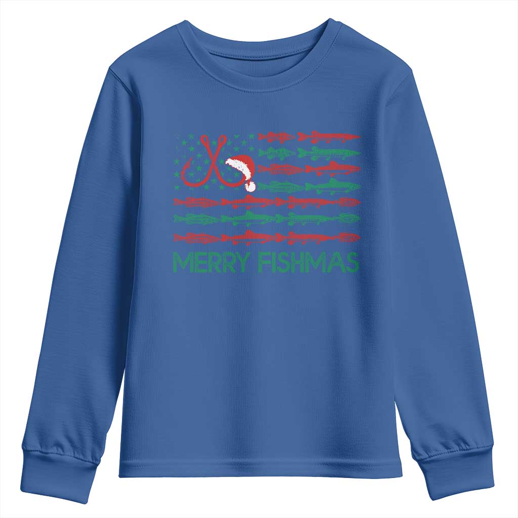 Christmas Fishing Youth Sweatshirt Merry Fishmas Fisherman American Flag TS09 Royal Blue Print Your Wear