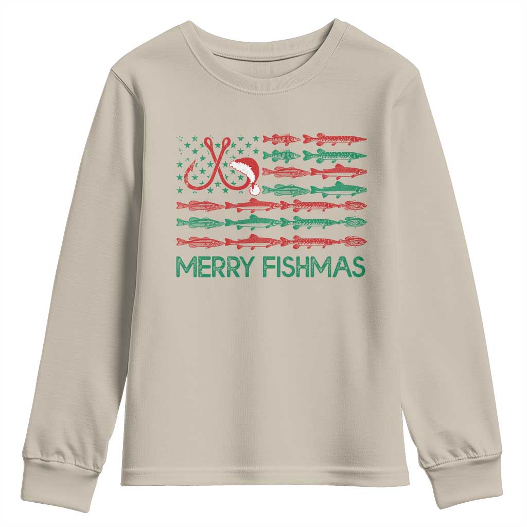 Christmas Fishing Youth Sweatshirt Merry Fishmas Fisherman American Flag TS09 Sand Print Your Wear