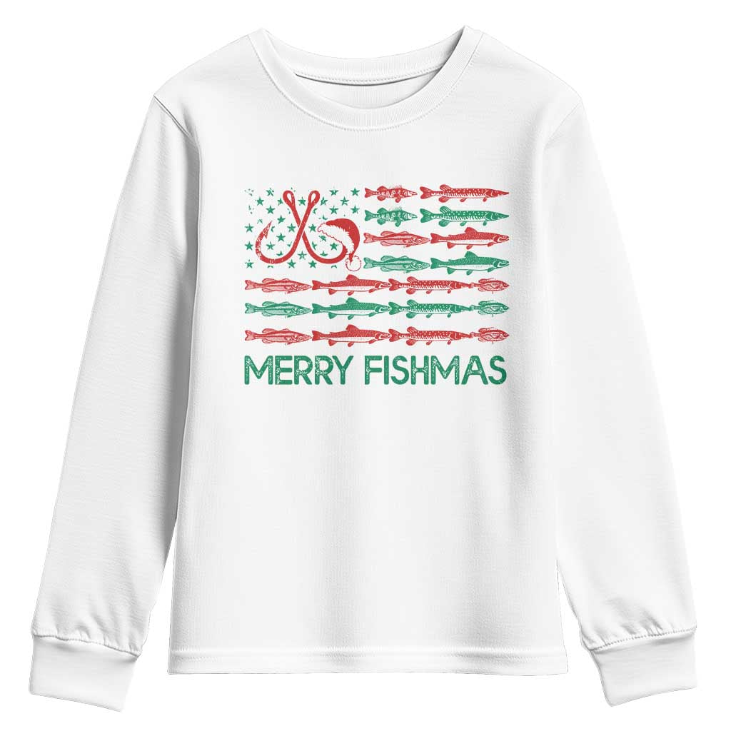 Christmas Fishing Youth Sweatshirt Merry Fishmas Fisherman American Flag TS09 White Print Your Wear