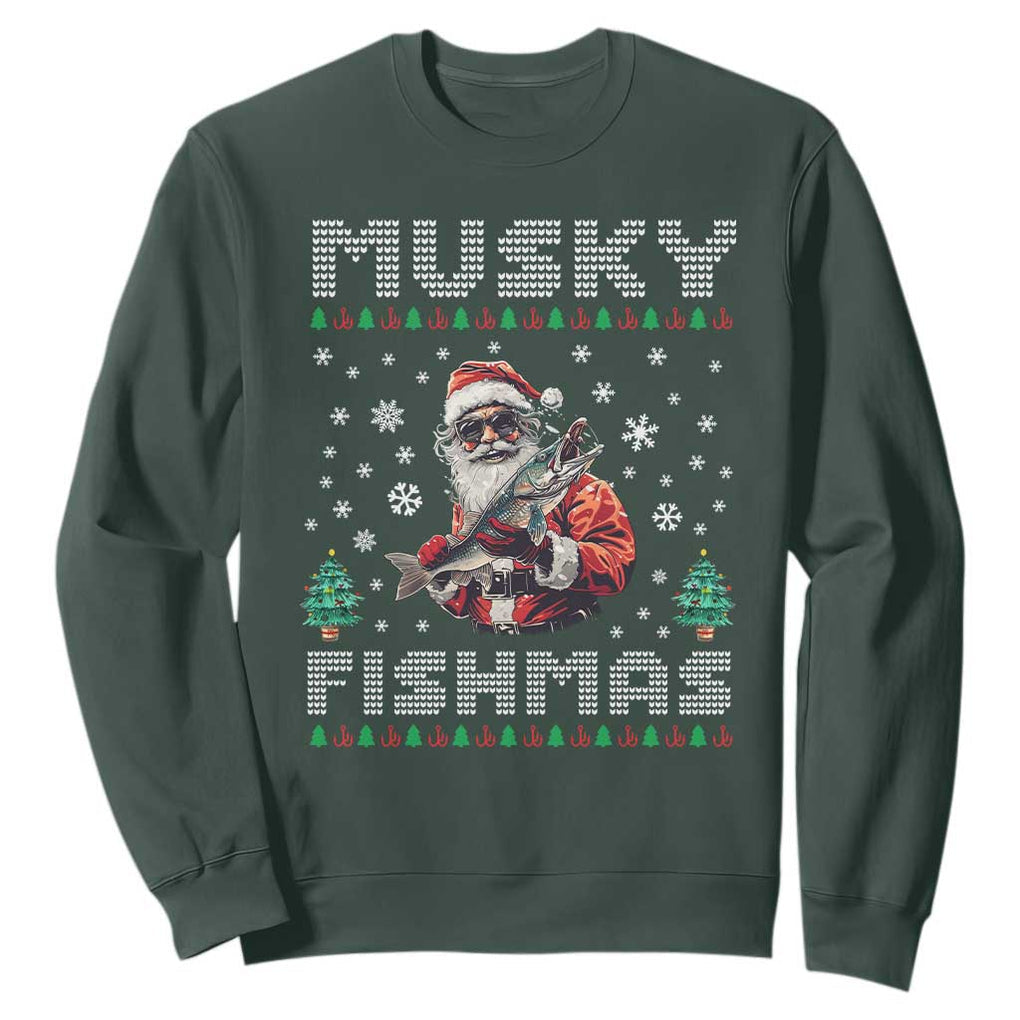 Christmas Muskie Fishing Sweatshirt Musky Fishmas Fisherman TS09 Dark Forest Green Print Your Wear