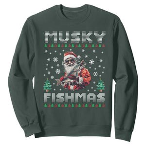 Christmas Muskie Fishing Sweatshirt Musky Fishmas Fisherman TS09 Dark Forest Green Print Your Wear