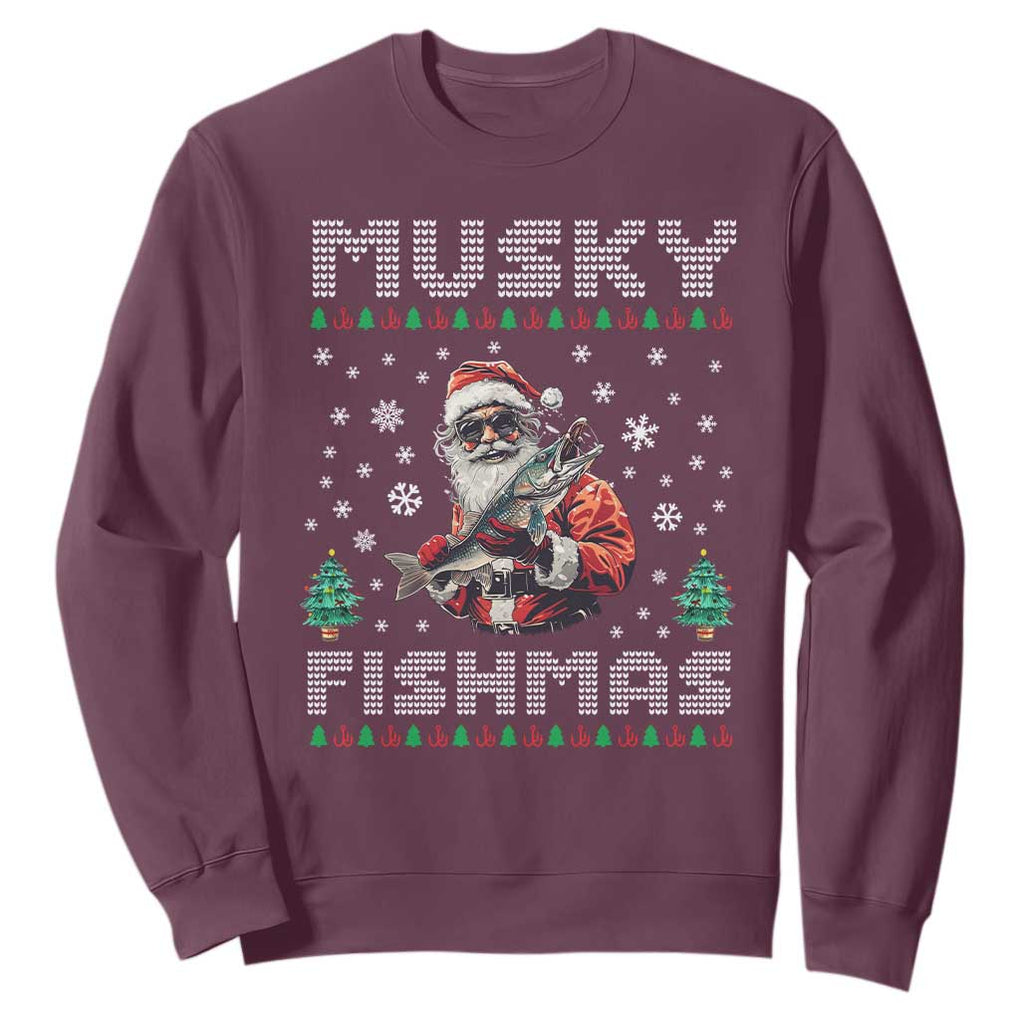 Christmas Muskie Fishing Sweatshirt Musky Fishmas Fisherman TS09 Maroon Print Your Wear