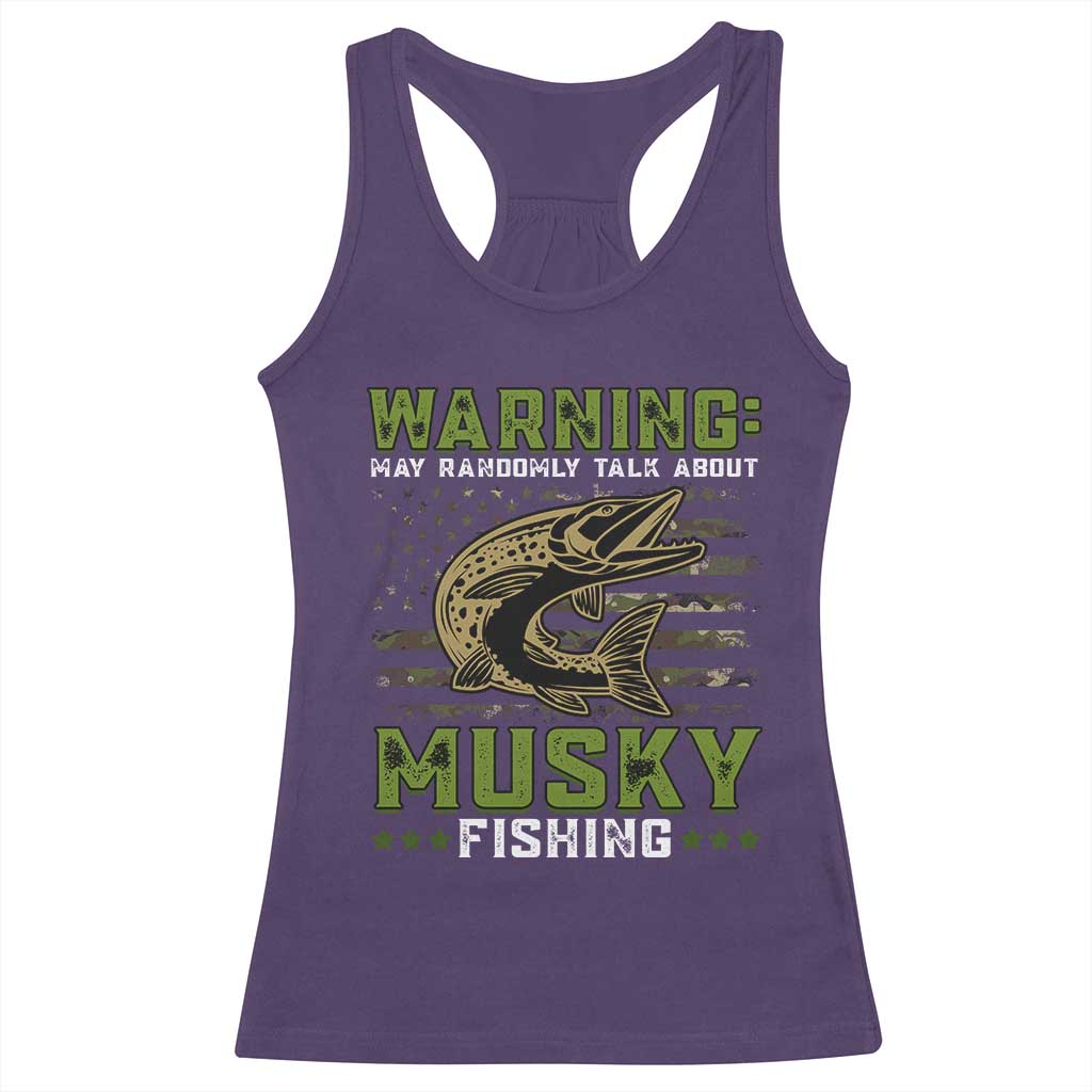 Warning May Randomly Talk About Musky Fishing Racerback Tank Top TS09 Purple Print Your Wear