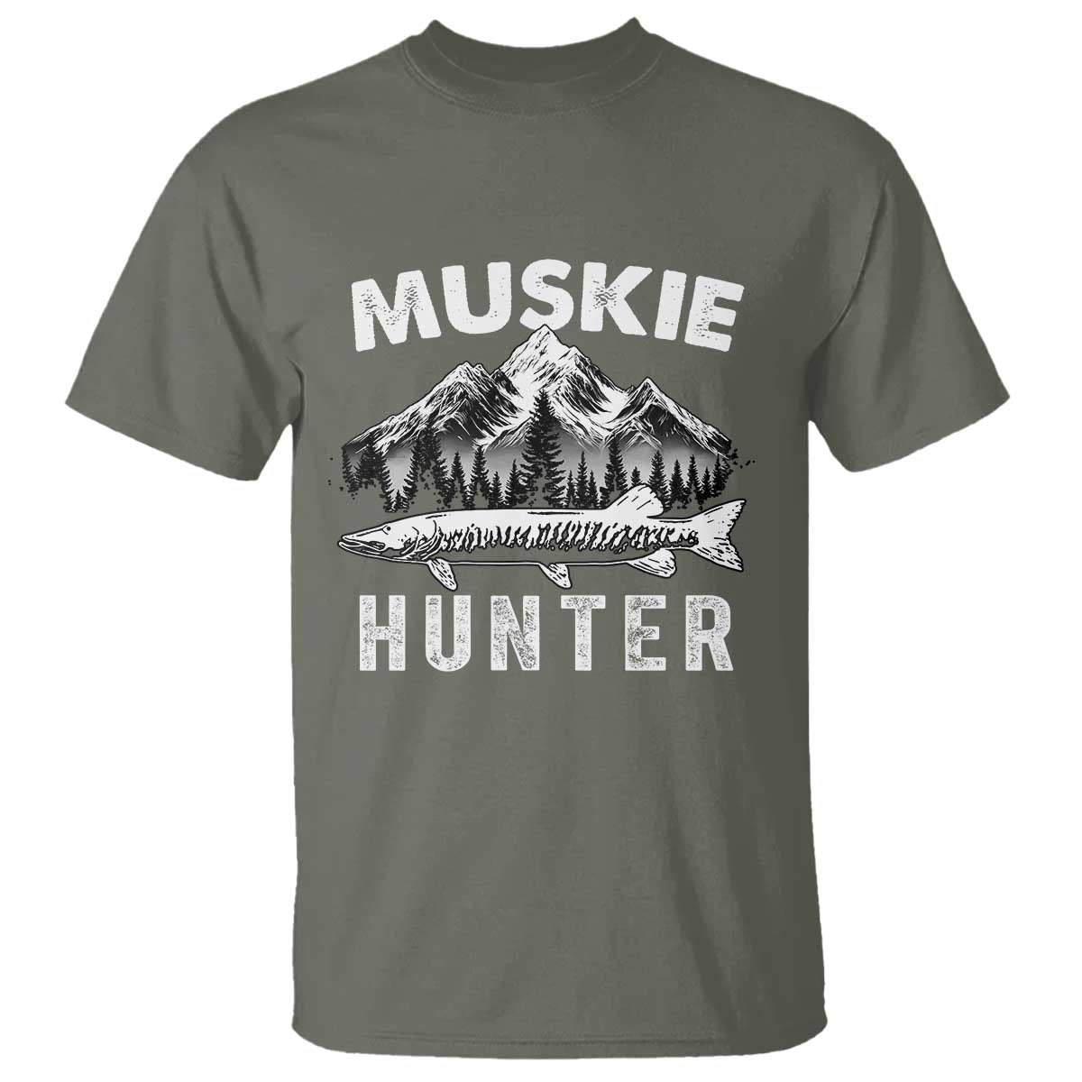 Musky Hunter Fishing Fisherman T Shirt TS09 Military Green Print Your Wear