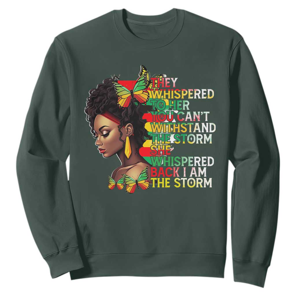 Black History Month Sweatshirt African Women She Whispered Back I Am The Storm TS09 Dark Forest Green Printyourwear