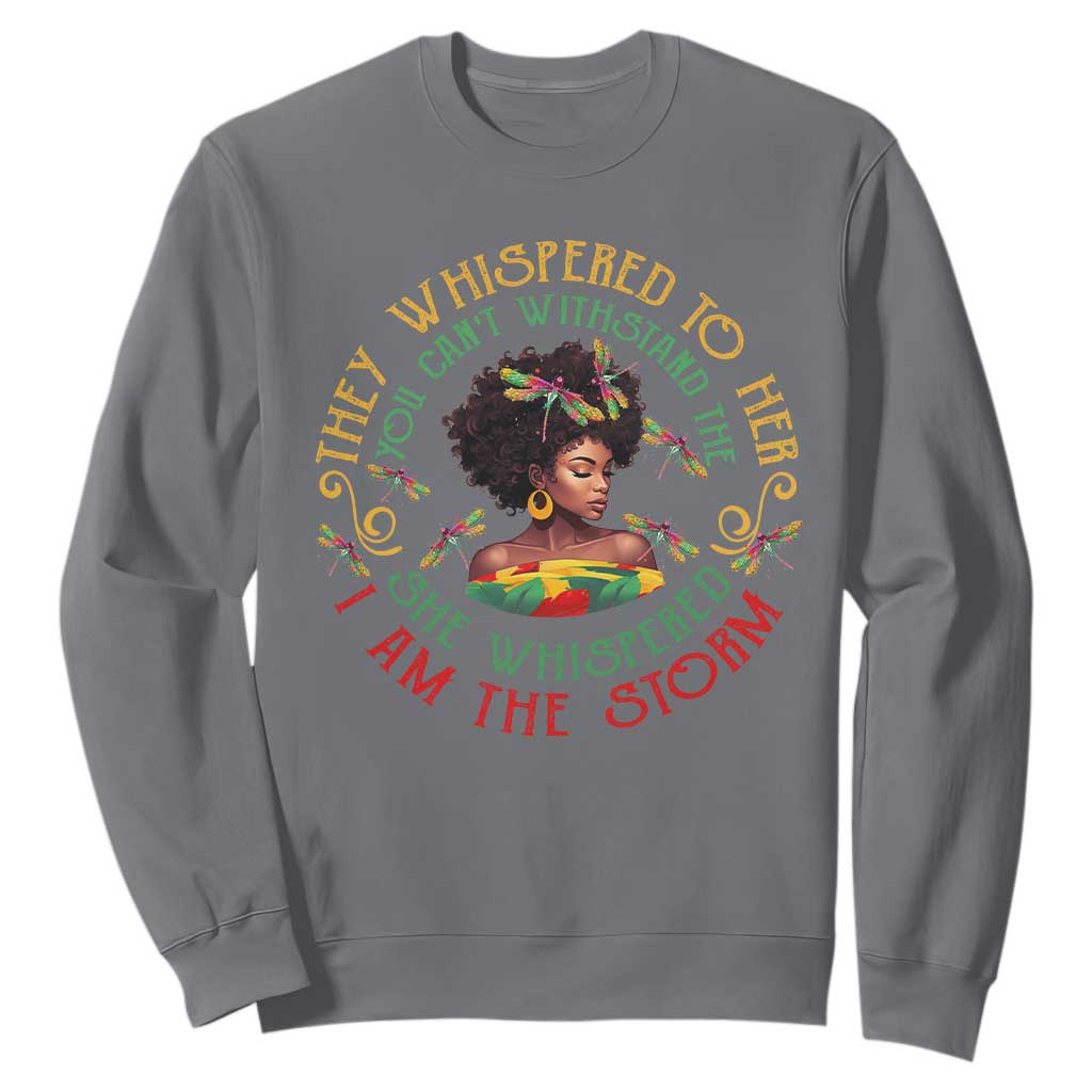 Black History Month Sweatshirt Dragon Fly African Women She Whispered Back I Am The Storm TS09 Charcoal Printyourwear