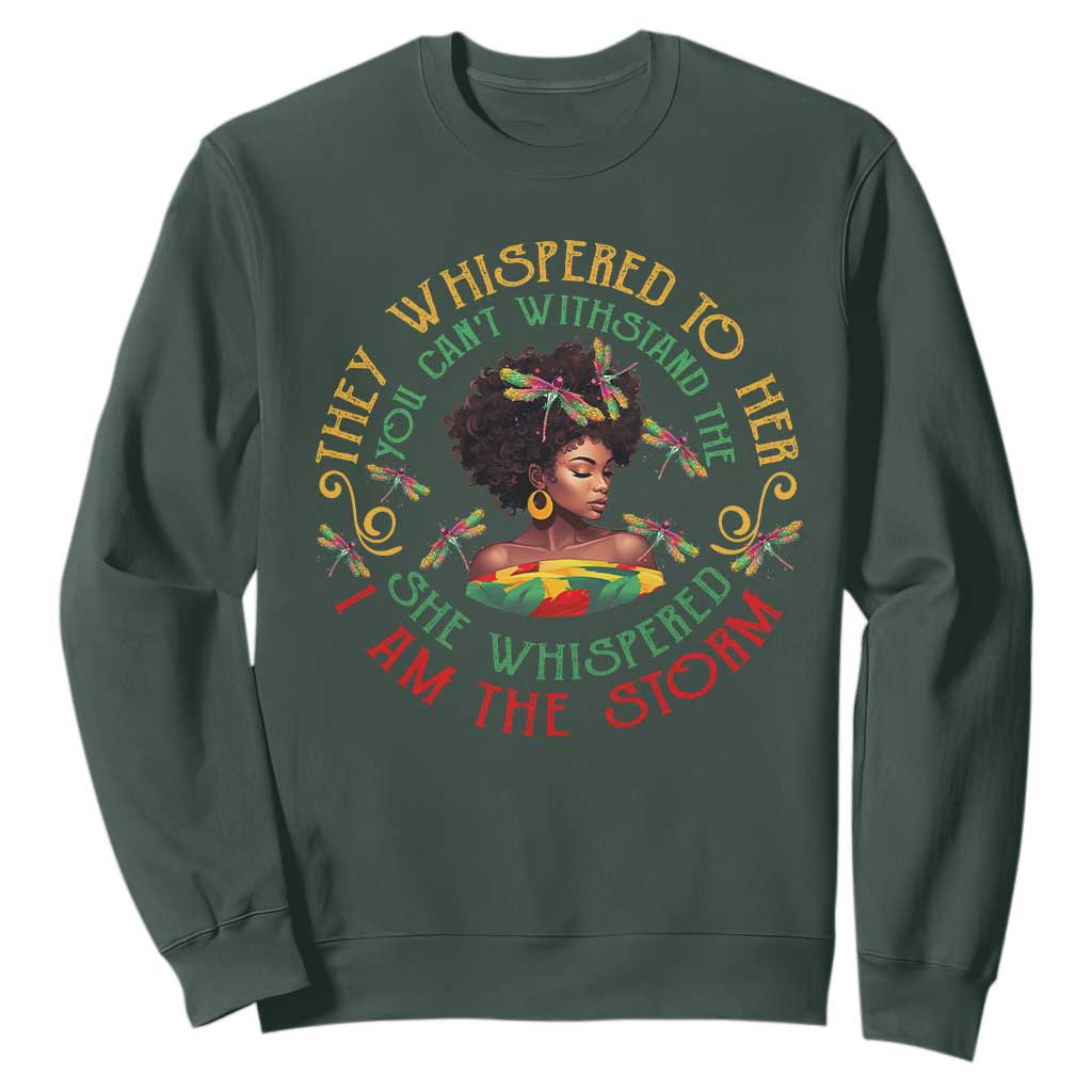 Black History Month Sweatshirt Dragon Fly African Women She Whispered Back I Am The Storm TS09 Dark Forest Green Printyourwear