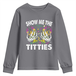 Mardi Gras Youth Sweatshirt Show Me The Titties Funny Skeleton Crawfish TS09 Charcoal Print Your Wear