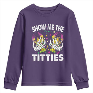 Mardi Gras Youth Sweatshirt Show Me The Titties Funny Skeleton Crawfish TS09 Purple Print Your Wear