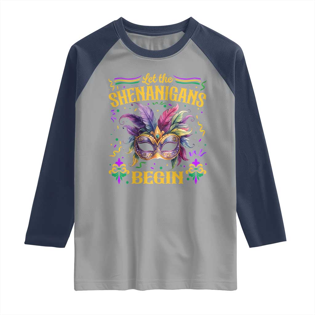 Mardi Gras Raglan Shirt Let The Shenanigans Begin TS09 Sport Gray Navy Print Your Wear