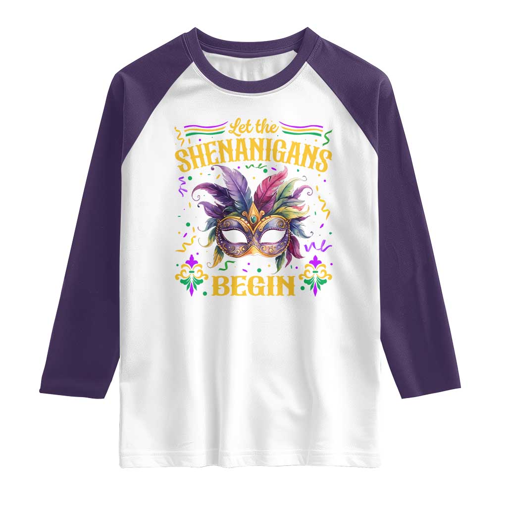 Mardi Gras Raglan Shirt Let The Shenanigans Begin TS09 White Purple Print Your Wear