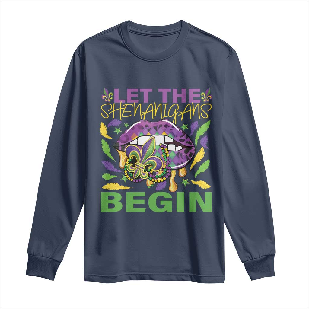 Mardi Gras Long Sleeve Shirt Let The Shenanigans Begin Leopard Lips TS09 Navy Print Your Wear