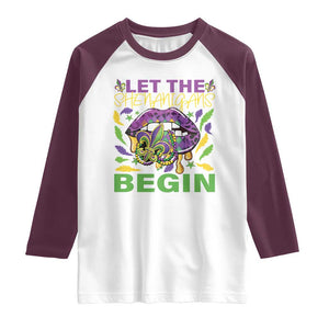 Mardi Gras Raglan Shirt Let The Shenanigans Begin Leopard Lips TS09 White Maroon Print Your Wear