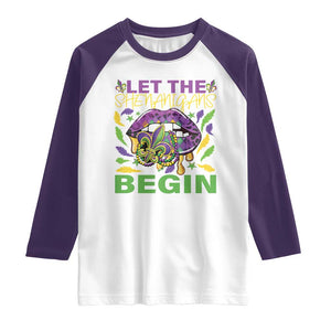 Mardi Gras Raglan Shirt Let The Shenanigans Begin Leopard Lips TS09 White Purple Print Your Wear