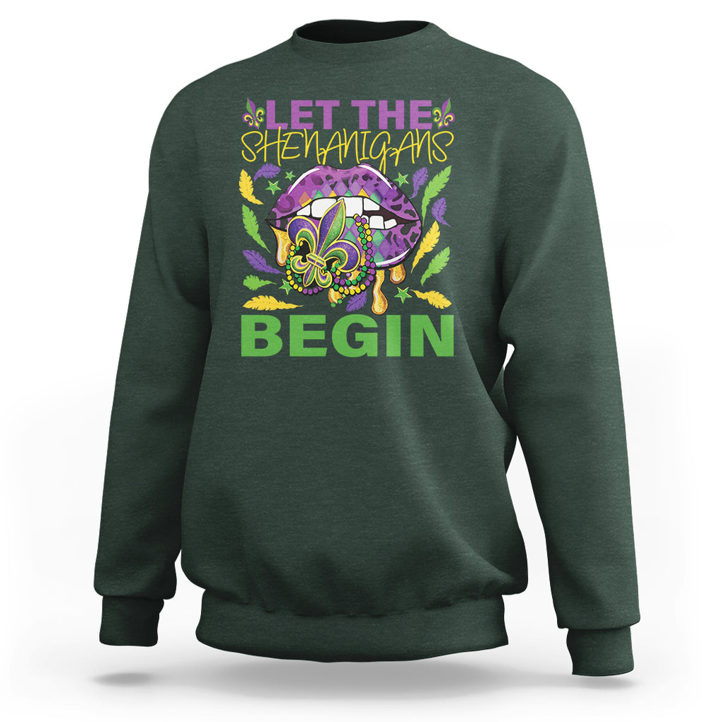 Mardi Gras Sweatshirt Let The Shenanigans Begin Leopard Lips TS09 Dark Forest Green Printyourwear