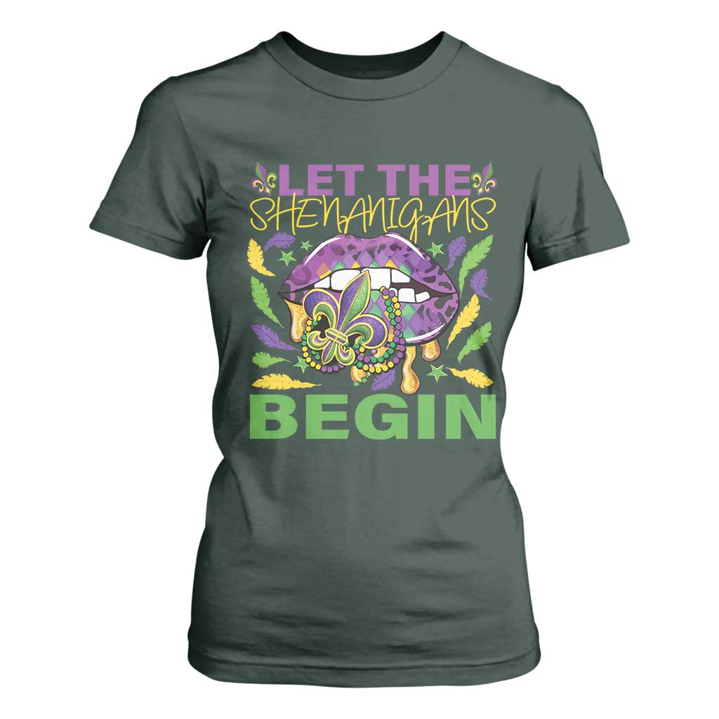 Mardi Gras T Shirt For Women Let The Shenanigans Begin Leopard Lips TS09 Dark Forest Green Print Your Wear