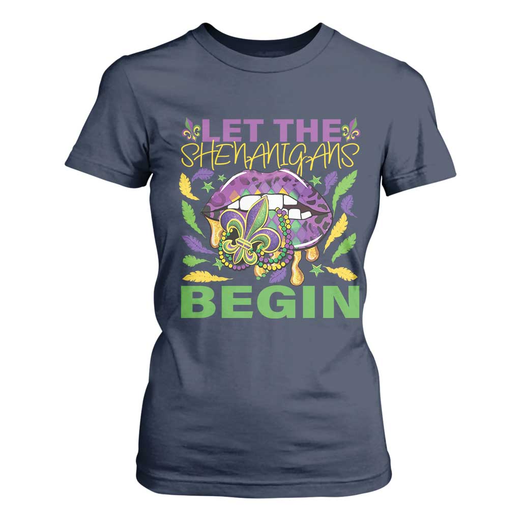 Mardi Gras T Shirt For Women Let The Shenanigans Begin Leopard Lips TS09 Navy Print Your Wear