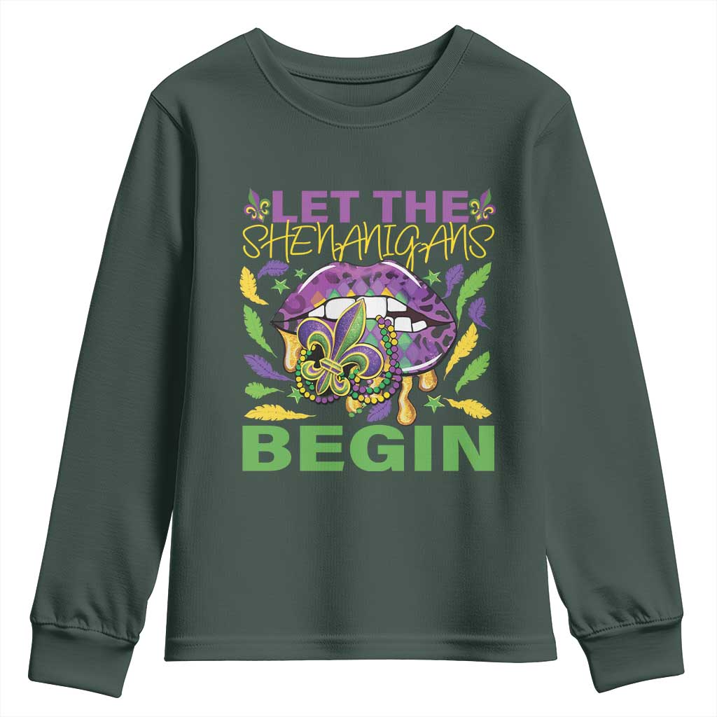 Mardi Gras Youth Sweatshirt Let The Shenanigans Begin Leopard Lips TS09 Dark Forest Green Print Your Wear