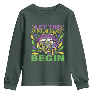 Mardi Gras Youth Sweatshirt Let The Shenanigans Begin Leopard Lips TS09 Dark Forest Green Print Your Wear
