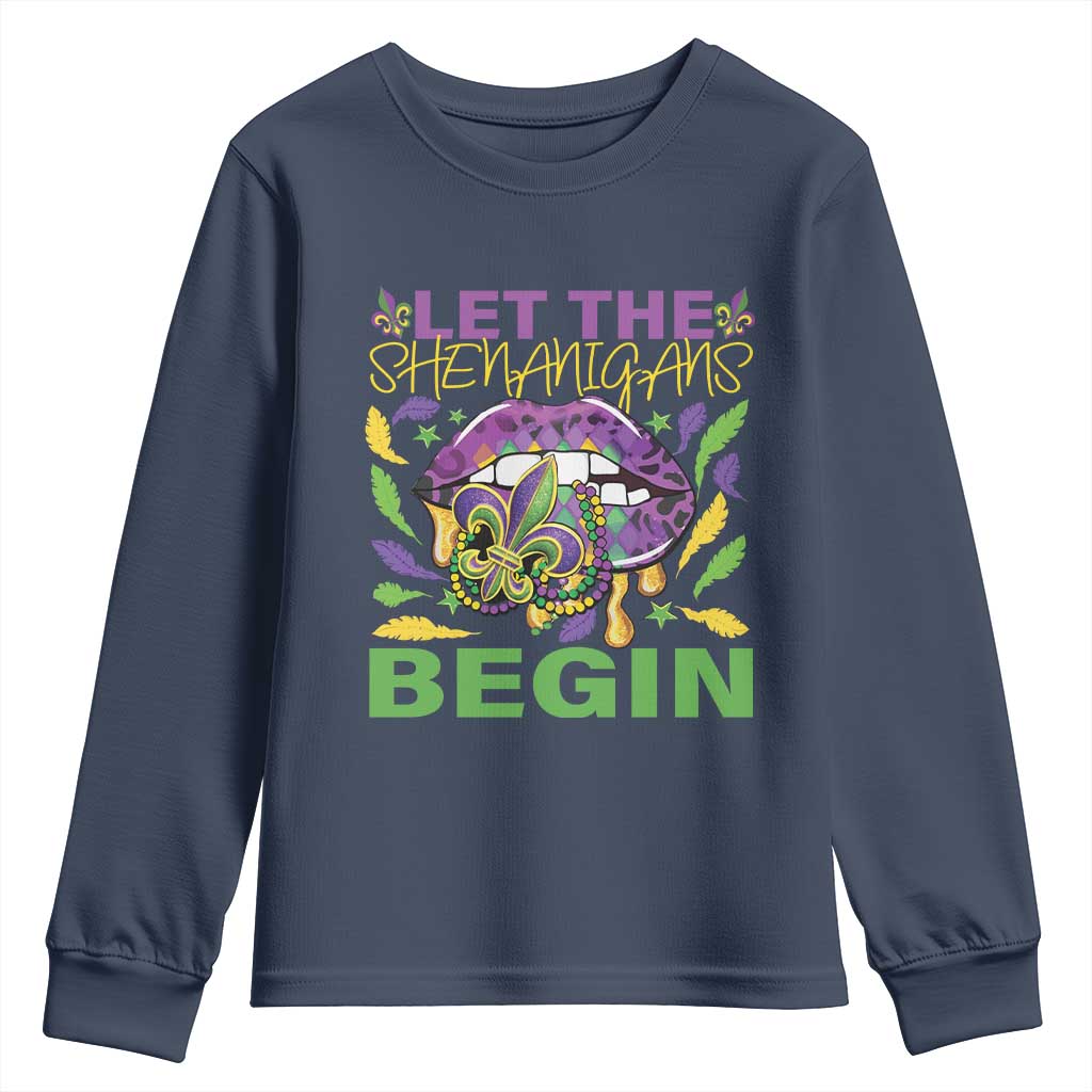 Mardi Gras Youth Sweatshirt Let The Shenanigans Begin Leopard Lips TS09 Navy Print Your Wear