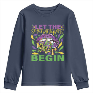 Mardi Gras Youth Sweatshirt Let The Shenanigans Begin Leopard Lips TS09 Navy Print Your Wear
