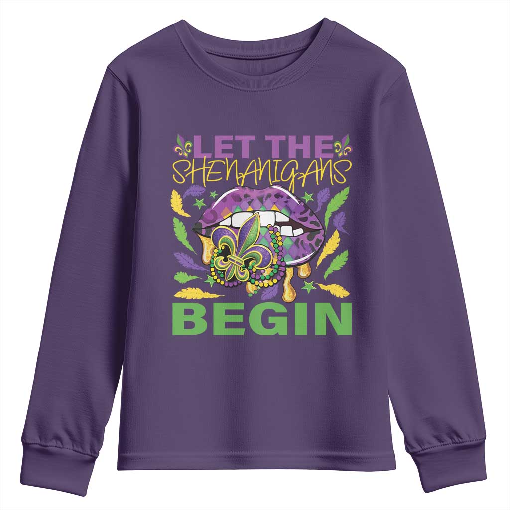 Mardi Gras Youth Sweatshirt Let The Shenanigans Begin Leopard Lips TS09 Purple Print Your Wear