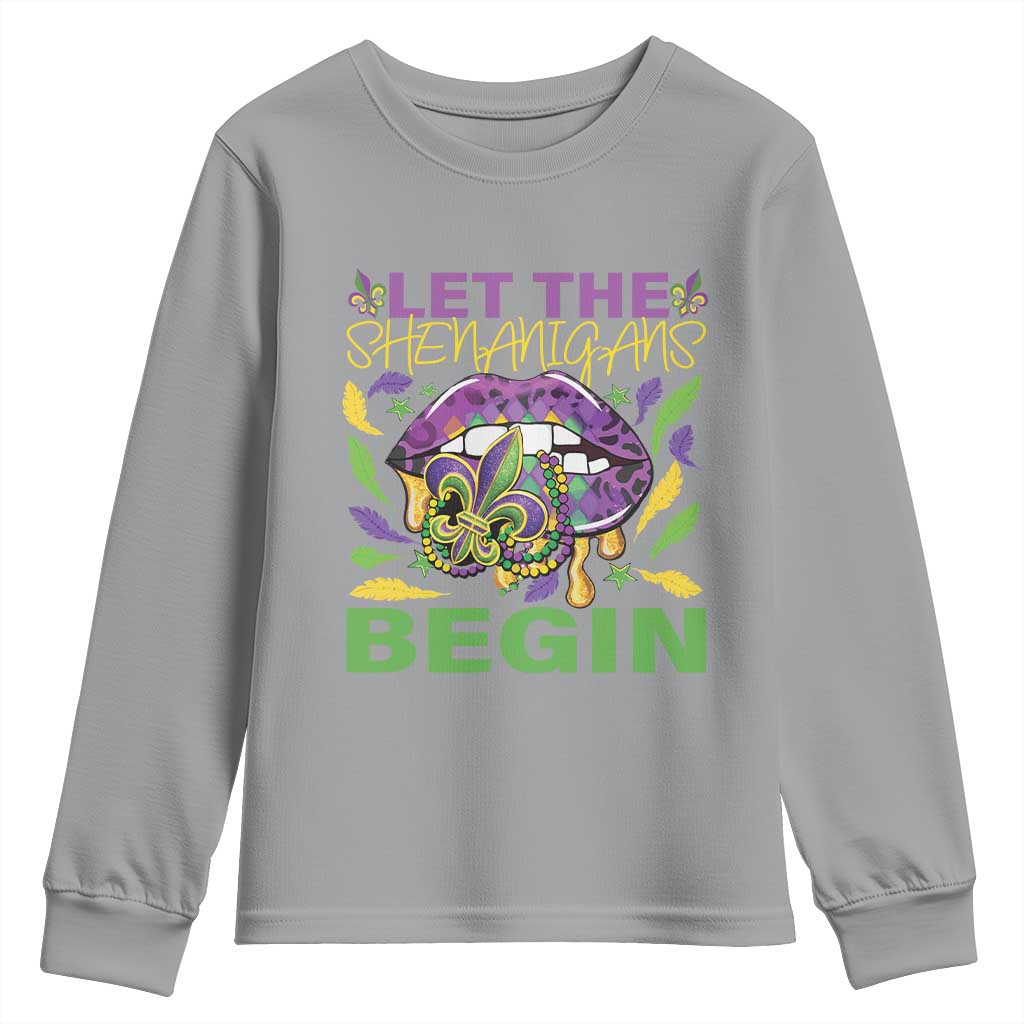 Mardi Gras Youth Sweatshirt Let The Shenanigans Begin Leopard Lips TS09 Sport Gray Print Your Wear