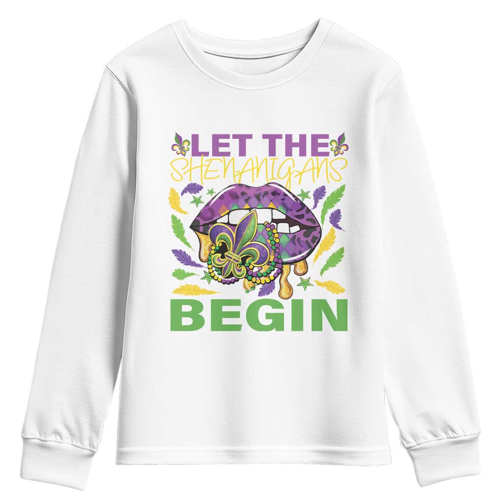 Mardi Gras Youth Sweatshirt Let The Shenanigans Begin Leopard Lips TS09 White Print Your Wear