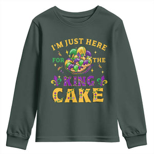 Funny Mardi Gras Youth Sweatshirt I'm Just Here For The King Cake TS09 Dark Forest Green Print Your Wear