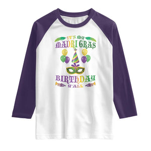 Funny It's My Mardi Gras Birthday Y'all Raglan Shirt TS09 White Purple Print Your Wear