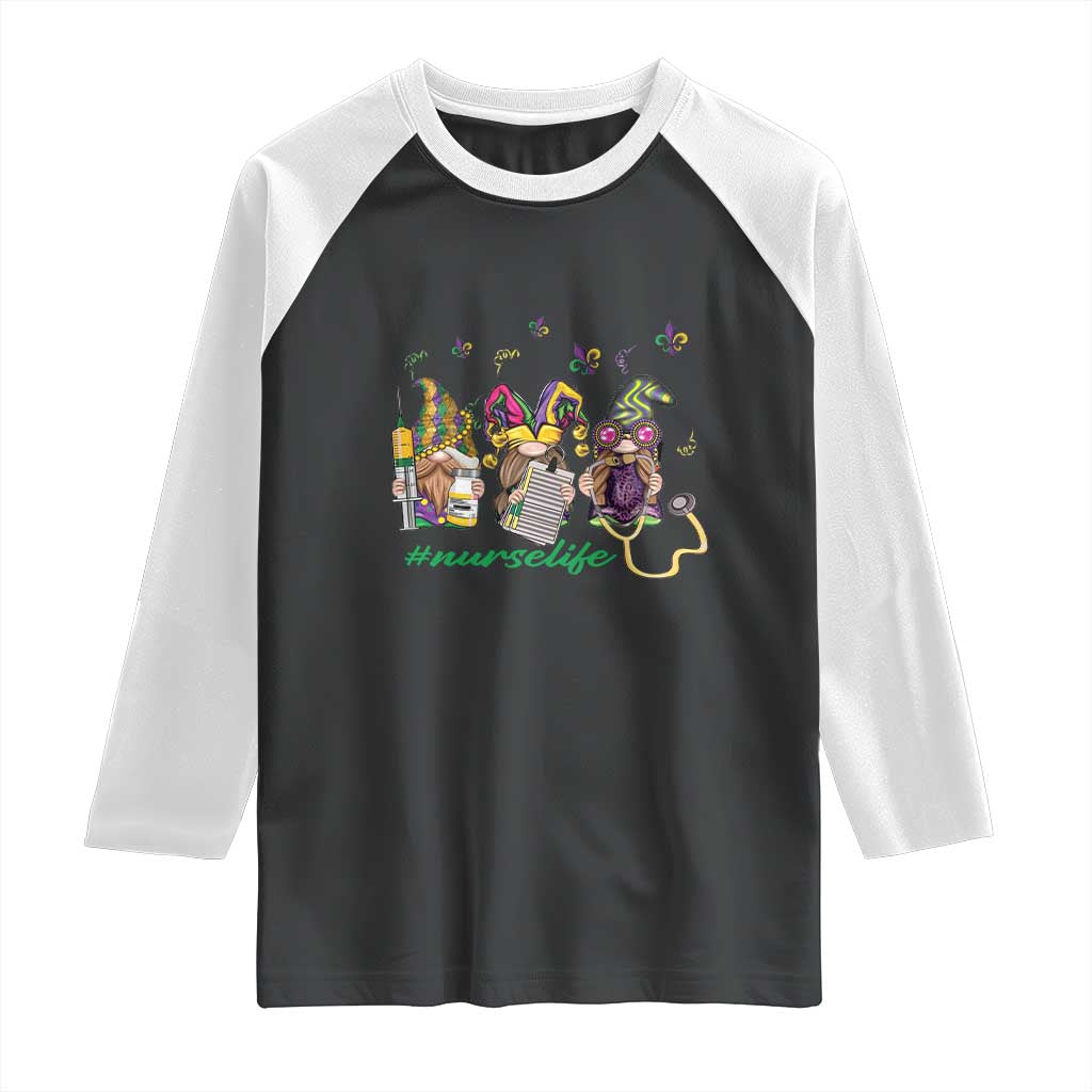 Mardi Gras Raglan Shirt Jester Gnomes Nurse RN ICU NICU ER Scrub TS09 Black White Print Your Wear