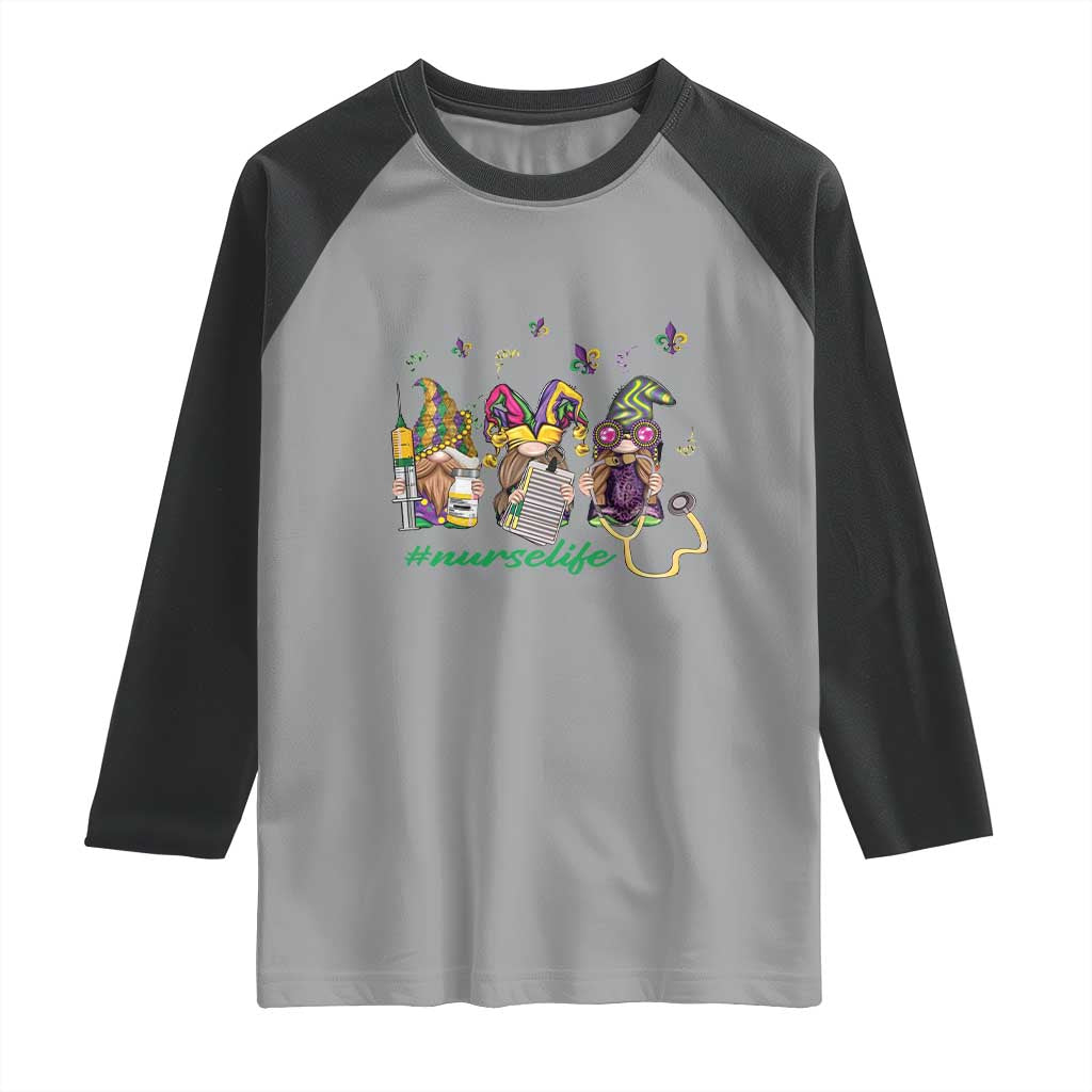 Mardi Gras Raglan Shirt Jester Gnomes Nurse RN ICU NICU ER Scrub TS09 Sport Gray Black Print Your Wear