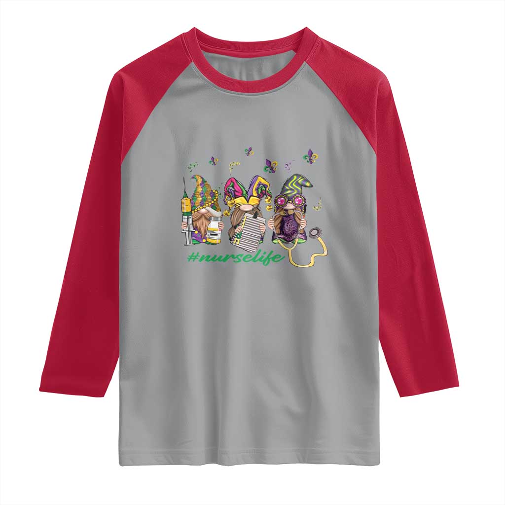 Mardi Gras Raglan Shirt Jester Gnomes Nurse RN ICU NICU ER Scrub TS09 Sport Gray Red Print Your Wear