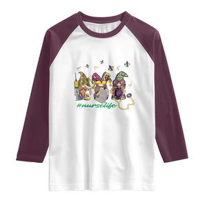 Mardi Gras Raglan Shirt Jester Gnomes Nurse RN ICU NICU ER Scrub TS09 White Maroon Print Your Wear