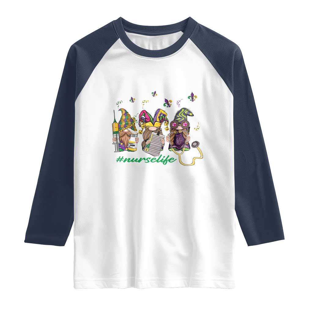 Mardi Gras Raglan Shirt Jester Gnomes Nurse RN ICU NICU ER Scrub TS09 White Navy Print Your Wear