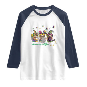 Mardi Gras Raglan Shirt Jester Gnomes Nurse RN ICU NICU ER Scrub TS09 White Navy Print Your Wear