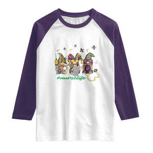 Mardi Gras Raglan Shirt Jester Gnomes Nurse RN ICU NICU ER Scrub TS09 White Purple Print Your Wear