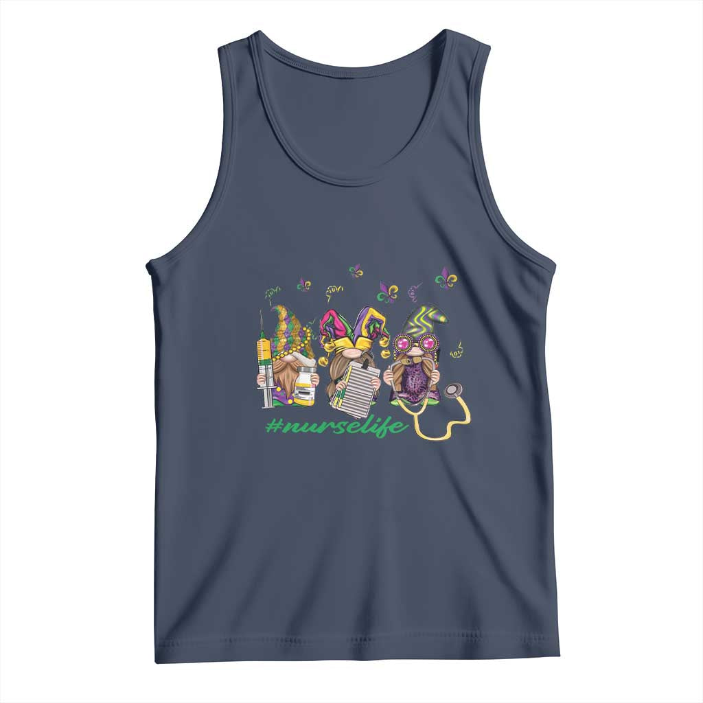 Mardi Gras Tank Top Jester Gnomes Nurse RN ICU NICU ER Scrub TS09 Navy Print Your Wear