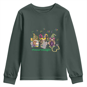 Mardi Gras Youth Sweatshirt Jester Gnomes Nurse RN ICU NICU ER Scrub TS09 Dark Forest Green Print Your Wear