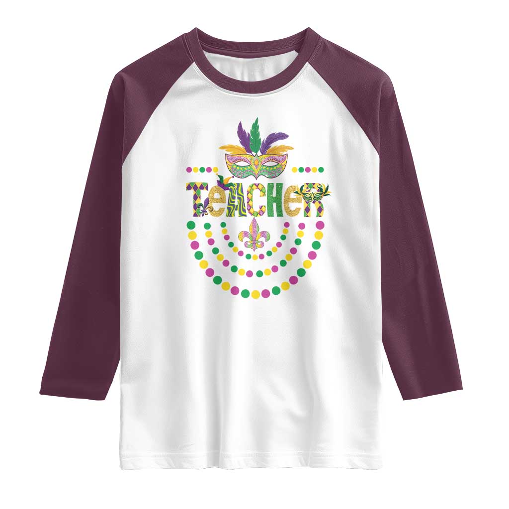 Mardi Gras Teacher Fat Tuesday New Orleans Raglan Shirt TS09 White Maroon Print Your Wear