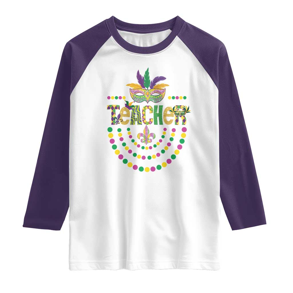Mardi Gras Teacher Fat Tuesday New Orleans Raglan Shirt TS09 White Purple Print Your Wear