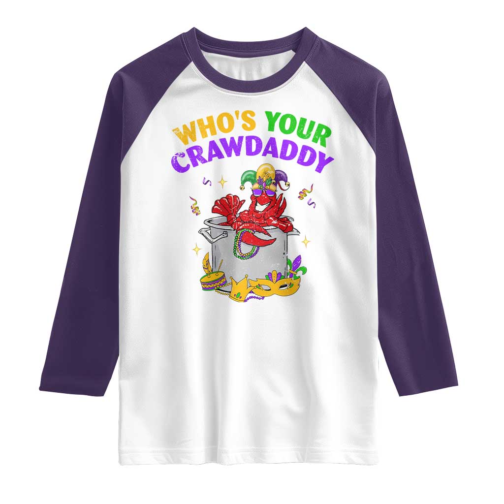 Mardi Gras Raglan Shirt Who's Your Crawdaddy Funny Crawfish Jester Beads TS09 White Purple Print Your Wear
