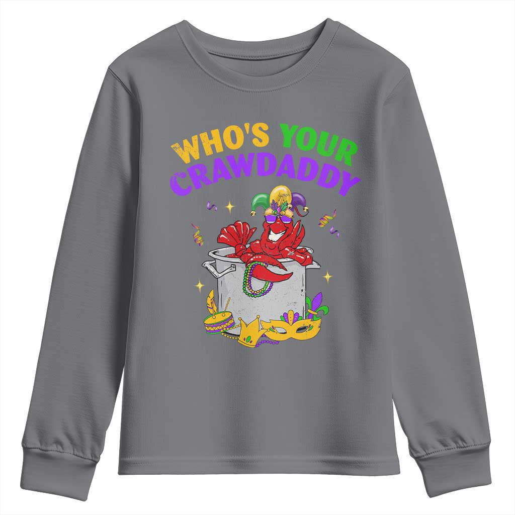 Mardi Gras Youth Sweatshirt Who's Your Crawdaddy Funny Crawfish Jester Beads TS09 Charcoal Print Your Wear