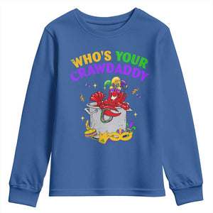 Mardi Gras Youth Sweatshirt Who's Your Crawdaddy Funny Crawfish Jester Beads TS09 Royal Blue Print Your Wear
