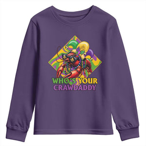 Funny Mardi Gras Youth Sweatshirt Who's Your Crawdaddy Crawfish Jester Beads TS09 Purple Print Your Wear