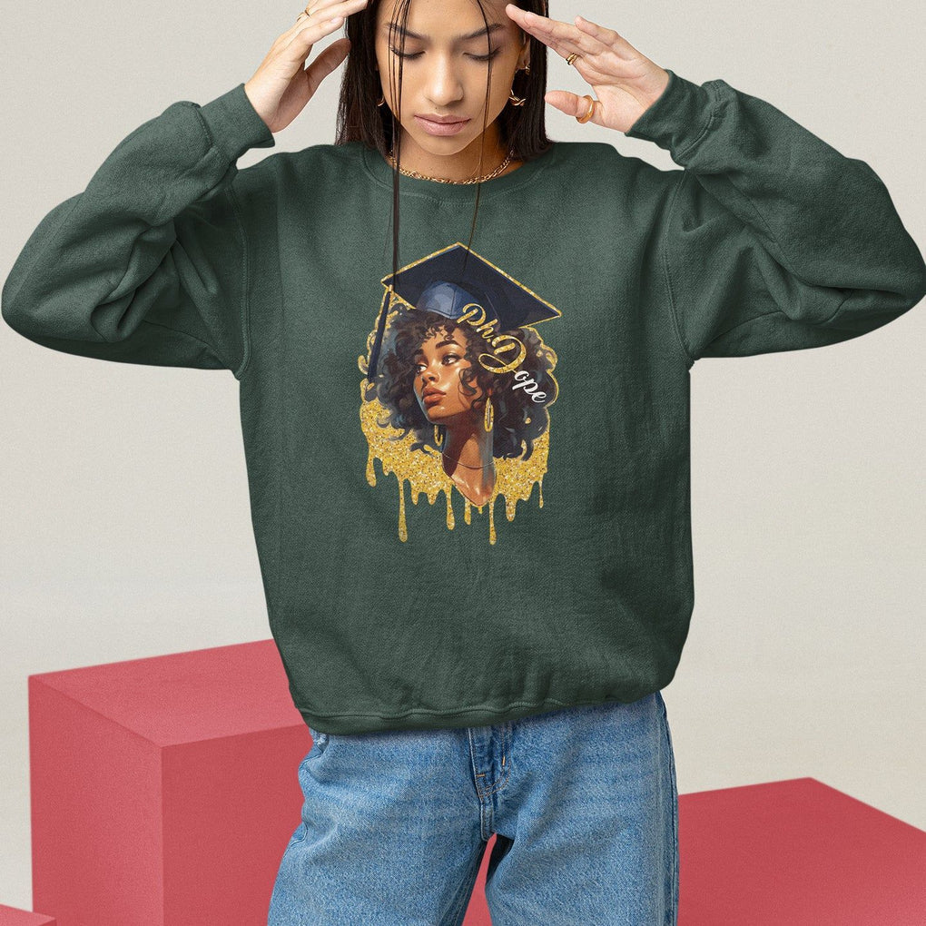 Ph.D. Graduation Sweatshirt Ph.Dope Black Afro Woman Doctorate Student Graduate TS09 Dark Forest Green Print Your Wear